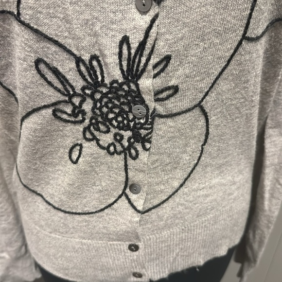 Mystree gray angora blend black floral embroidered button front cardigan. Medium - Picture 4 of 5